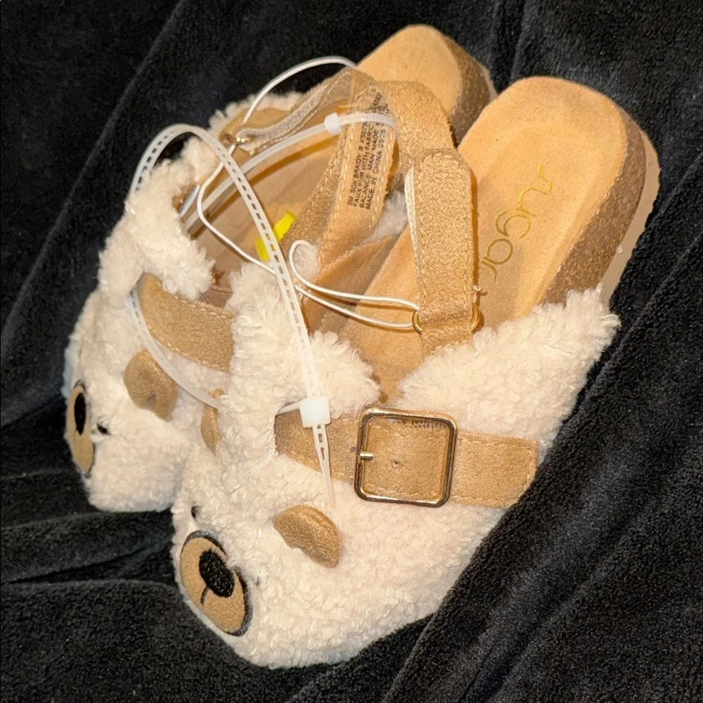 Sugar Fuzzy Bear Kids Mule Slippers in Cream and Tan NWT Sz 9